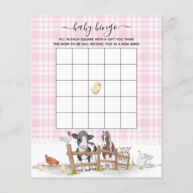Papier Jeu de bingo Baby Shower Rose dans la ferme (Devant)
