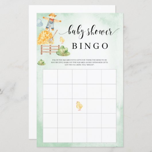 Papier Jeu de bingo Baby shower thème animaux de la ferme (Devant / Derrière)