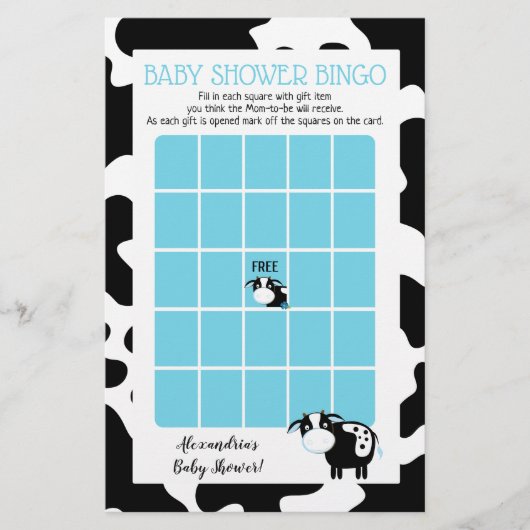 Papier Jeu de Bingo Baby Shower Vache Laitière Bleue (Devant)