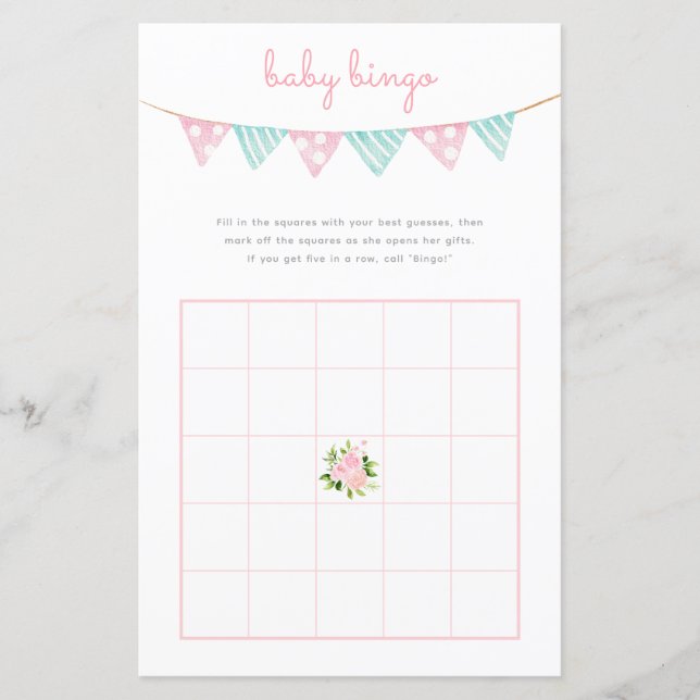 Papier Jeu de Bingo Bébé - Baby shower Fleurs Roses (Devant)
