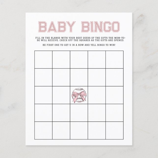 Papier Jeu de bingo bébé baseball Pink Batter Up (Devant)