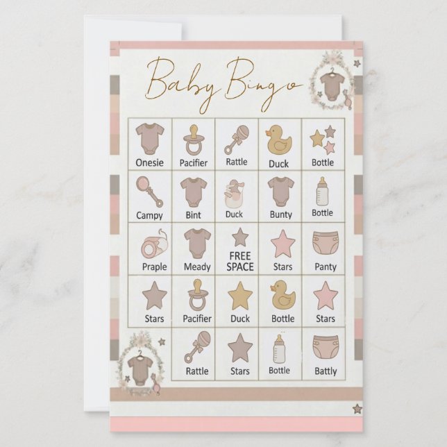 Papier Jeu de Bingo Bébé Rayures Grises Rose  (Devant)