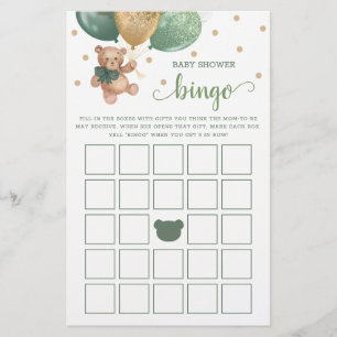 Papier Jeu de Bingo de Baby Shower Vert Sauge Ours en Pel