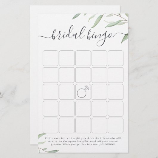 Papier Jeu de bingo de douche nuptiale verte minime (Devant / Derrière)