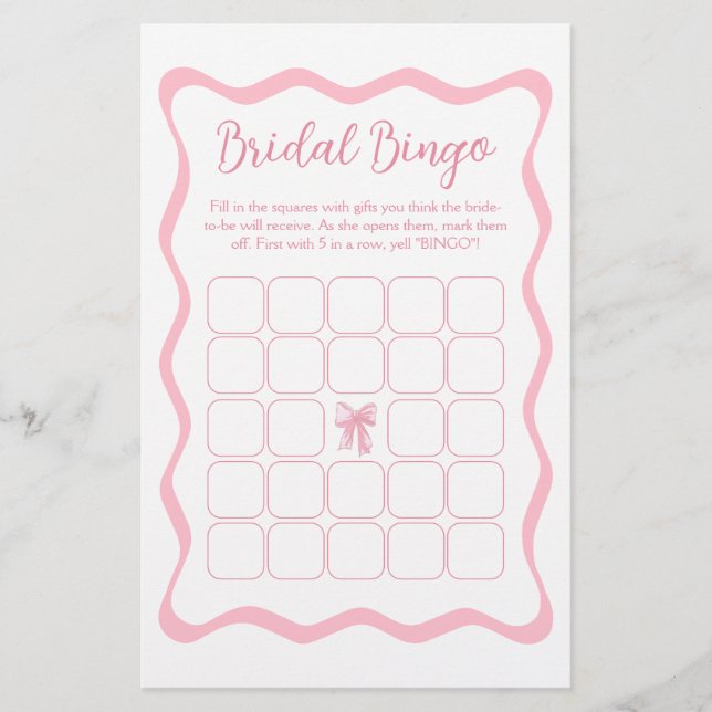 Papier Jeu de Bingo de la Fête des mariées rose de noeud (Devant)