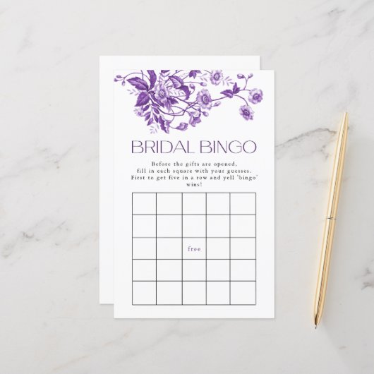Papier Jeu de bingo de mariée violet de toile française (Devant/Arrière en situation)