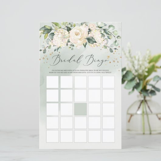 Papier Jeu de bingo floral Boho verdure roses blanches (Debout devant)