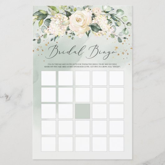 Papier Jeu de bingo floral Boho verdure roses blanches (Devant)