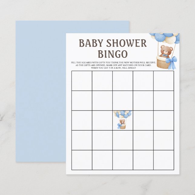 Papier Jeu de Bingo | Jeux de Baby Shower Ours Ballon Gar (Devant / Derrière)