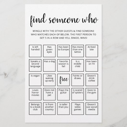 Papier Jeu de bingo modifiable 'Trouvez quelqu'un qui...' (Devant)