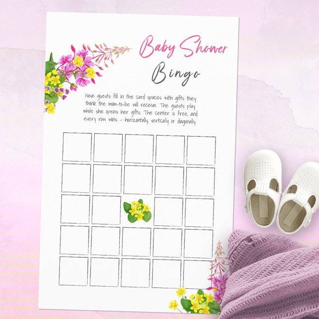 Papier Jeu de Bingo pour Baby Shower Fleur Sauvage Lumine (Bright Wildflower Baby Shower Bingo Game ©Susanne Sachers - Sunny Mind Design 🌞)