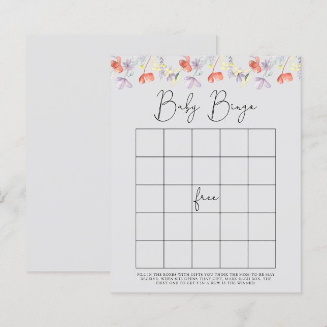 Papier Jeu de bingo pour baby shower Fleurs sauvages (Devant / Derrière)