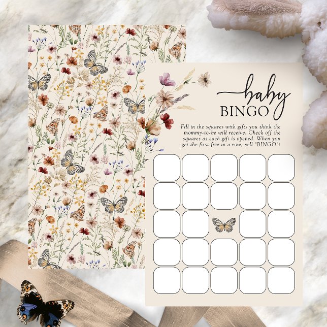 Papier Jeu de Bingo pour bébé (Boho Wildflower Baby Bingo Game Card with Butterfly by Painted Paperie
)