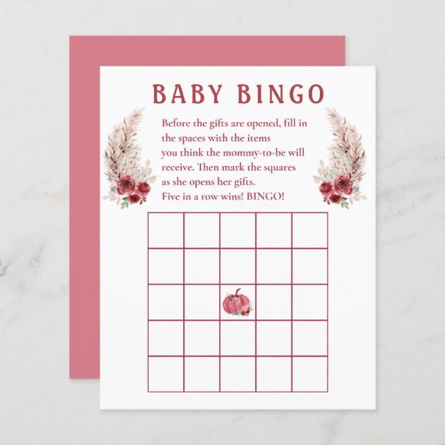 Papier Jeu de bingo pour bébé Boho Pumpkin Baby Shower d' (Devant / Derrière)