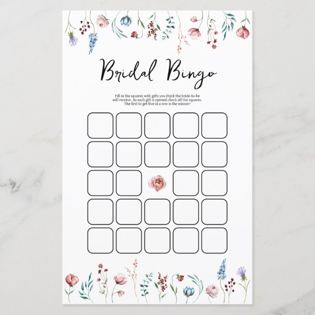 Papier Jeu de bingo pour la douche de la mariée aux fleur (Devant)