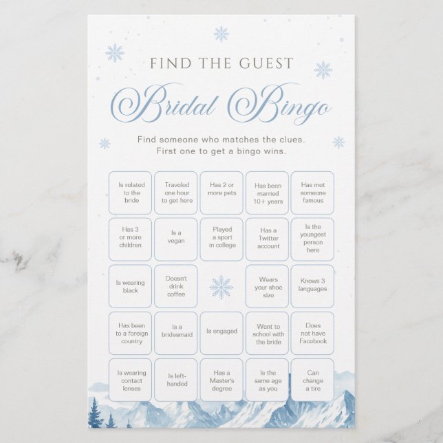 Papier Jeu de bingo pour la fête prénuptiale de l'hiver b (Devant)