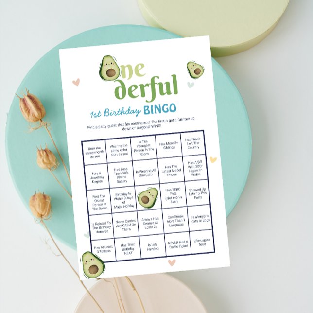 Papier Jeu de bingo pour le 1er anniversaire de l'avocat  (Cute Onederful Avocado 1st Birthday Bingo Game)