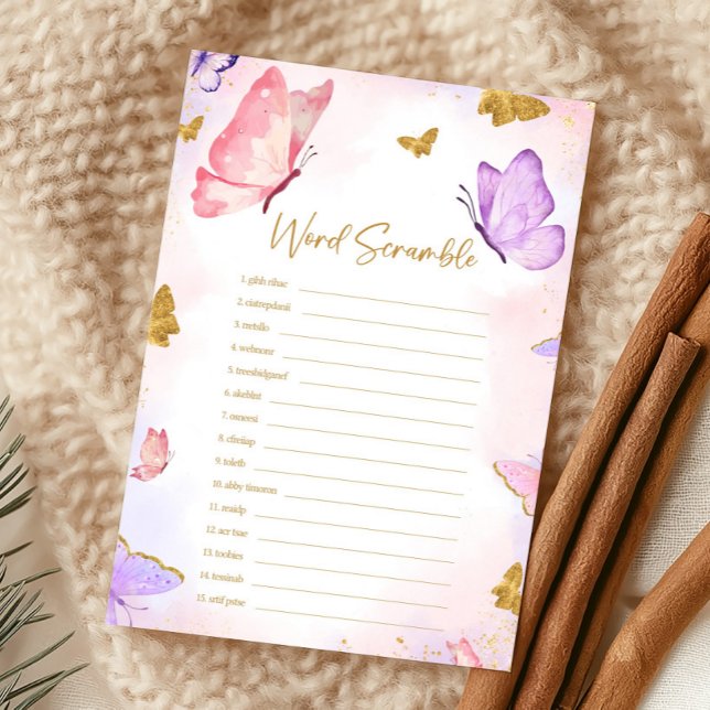 Papier Jeu de casse-tête de douche Papillon Violet Or Ros (Butterfly Baby Shower Game)
