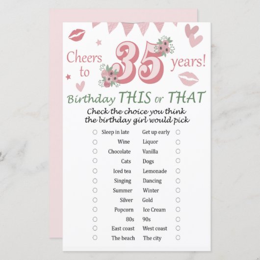 Papier Jeu de 'Ceci ou Cela' pour 35ème anniversaire (Devant / Derrière)