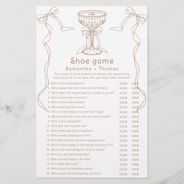 Papier Jeu de chaussures de douche de mariage Martini esp (Devant)