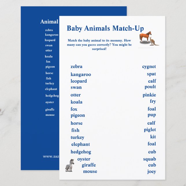 Papier Jeu de Correspondance sur le Thème des Animaux Div (Devant / Derrière)
