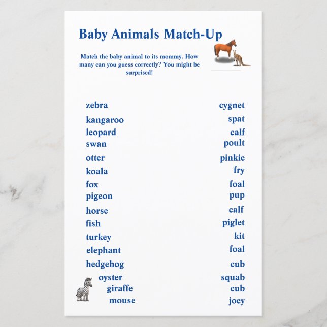 Papier Jeu de Correspondance sur le Thème des Animaux Div (Devant)