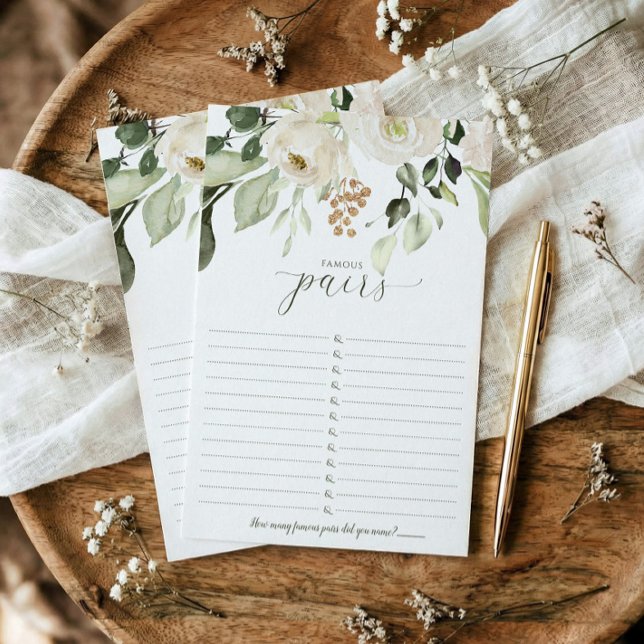Papier Jeu de couples célèbres pour la douche de mariée - (Famous couples printed bridal shower game - elegant white watercolor floral sage greenery)