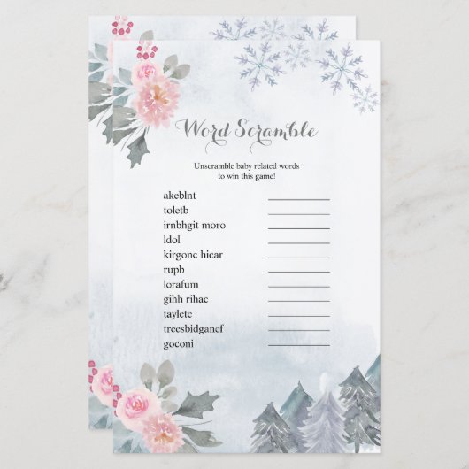 Papier Jeu de course à mot Hiver Flore Snowflakes (Devant / Derrière)