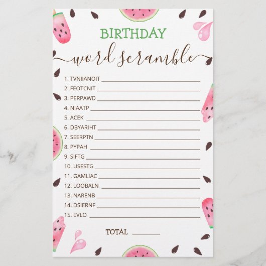 Papier Jeu de course de mots d'anniversaire avec Réponse (Devant)