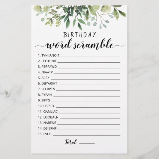 Papier Jeu de course de mots d'anniversaire avec réponses (Devant)