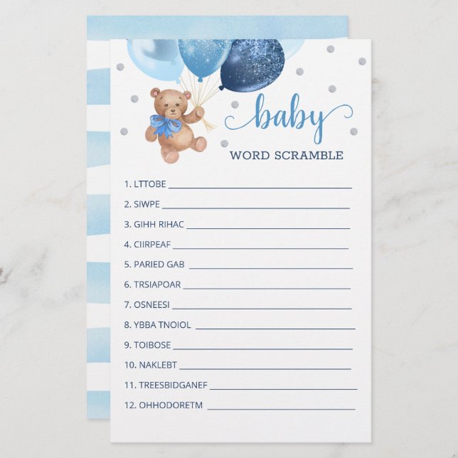 Papier Jeu de course de mots pour le Baby shower Teddy Be (Devant / Derrière)