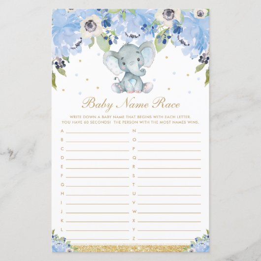 Papier Jeu de course de nom de bébé éléphant mignon flora (Devant)