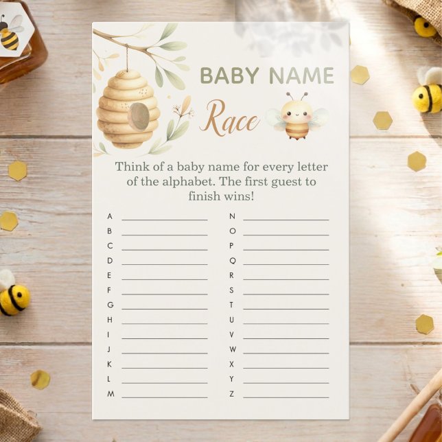 Papier Jeu de course de noms de bébé abeille thème Il ou  (Baby Name Race Baby Shower Game. He or She? What Will Baby Bee? Gender Reveal)
