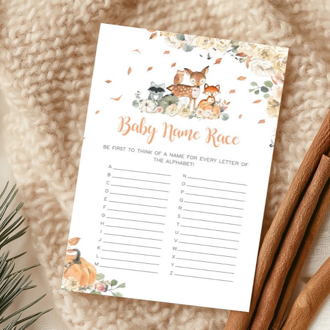 Papier Jeu de course de noms de bébé animal de la forêt a (Floral Woodland Animals Baby Shower Baby Name Race Game)
