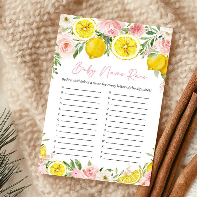 Papier Jeu de course de noms de bébé Fleur rose et citron (Summer Lemon Citrus Baby Shower Baby Name Race Game)