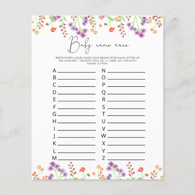 Papier Jeu de course de noms de bébé Fleurs sauvages (Devant)