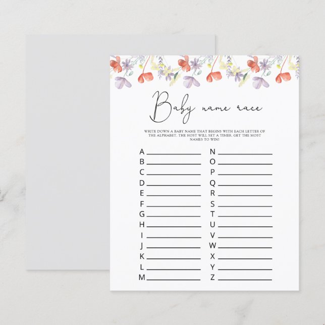 Papier Jeu de course de noms de bébé Fleurs sauvages (Devant / Derrière)