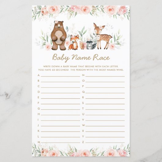 Papier Jeu de course de noms de bébé floral avec des anim (Devant)