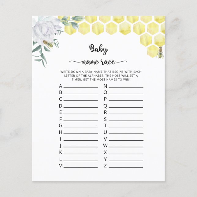 Papier Jeu de course de noms de bébé floraux abeille (Devant)