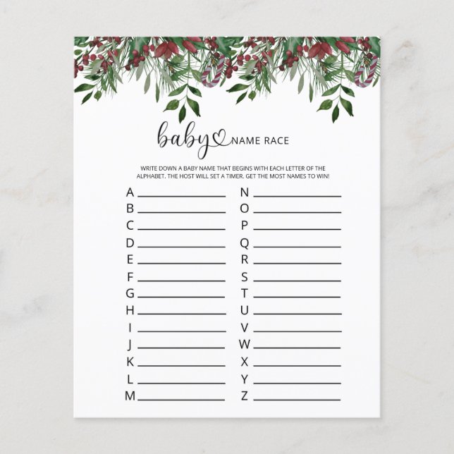 Papier jeu de course de noms de bébé floraux de Noël (Devant)
