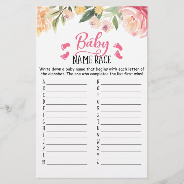 Papier Jeu de course de noms de bébé Jeu de fête pour Bab (Devant)