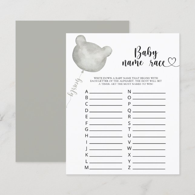 Papier Jeu de course de noms de bébé ours en peluche (Devant / Derrière)