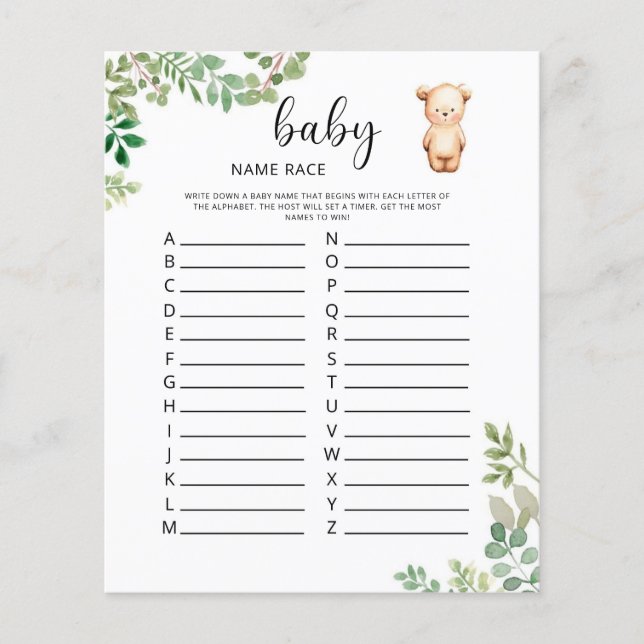 Papier Jeu de course de prénom bébé ours en peluche (Devant)