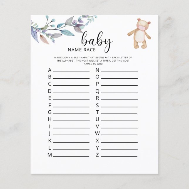 Papier Jeu de course de prénom bébé ours mignon (Devant)