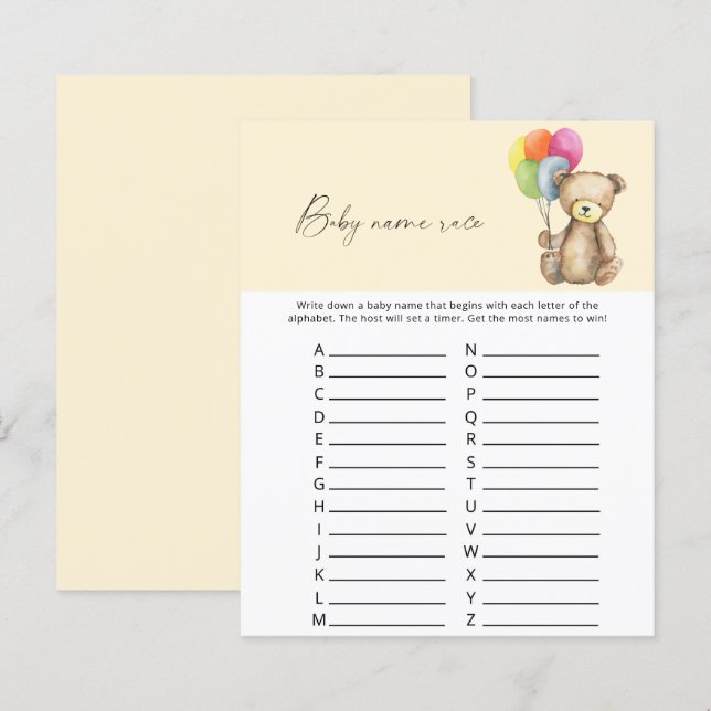 Papier Jeu de course de prénoms pour bébé - Teddy Bear (Devant / Derrière)