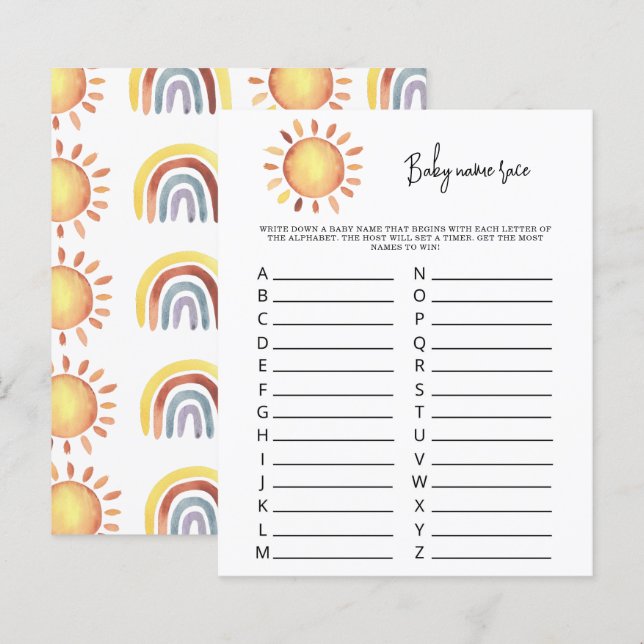 Papier Jeu de course de prénoms Sunshine Baby (Devant / Derrière)