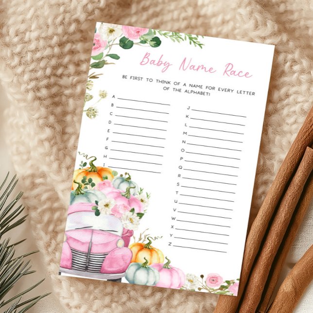 Papier Jeu de course pour le nom de bébé avec camion rose (Little Pumpkin Pink Truck Baby Shower Baby Name Race Game)