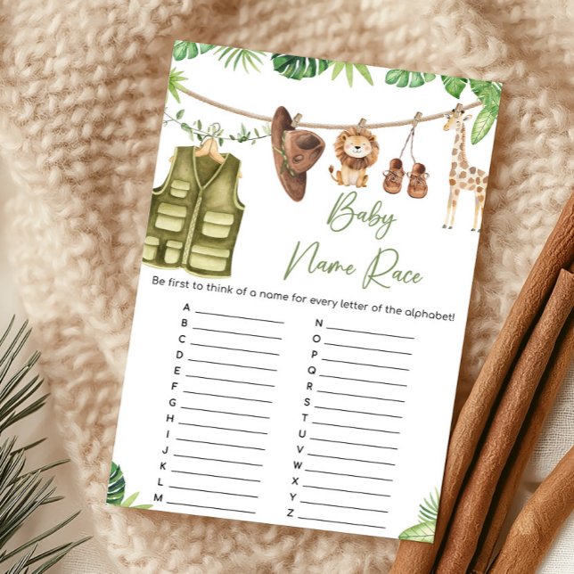 Papier Jeu de course pour le nom de bébé avec les animaux (Clothesline Safari Baby Shower Baby Name Race Game)