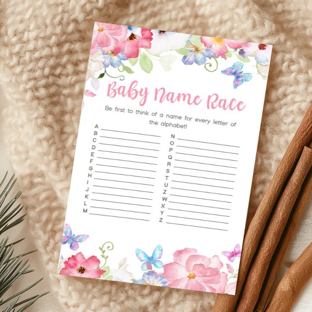 Papier Jeu de course pour le nom de bébé Papillon Floral (Butterflies Baby Shower Baby Name Race Game)