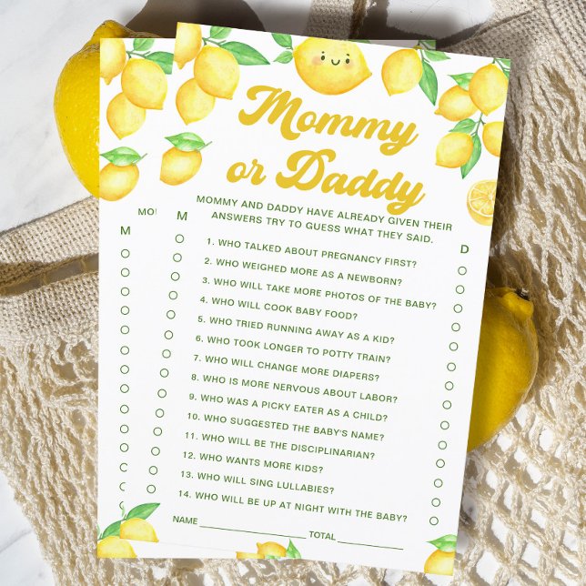 Papier Jeu de devinette Baby Shower au citron : Maman ou  (Créateur téléchargé)